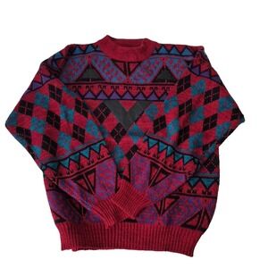 Botany 500 Sweater Mens Large Red‎ Acrylic Argyle Crew Kneck Long Sleeve VTG